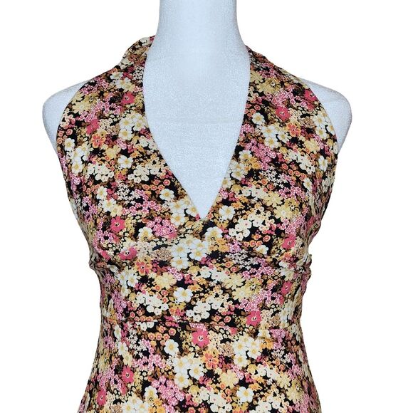 Forever 21 Halter Neck Midi Dress Pink Yellow Black Floral Stretch Jersey Medium - Picture 3 of 12